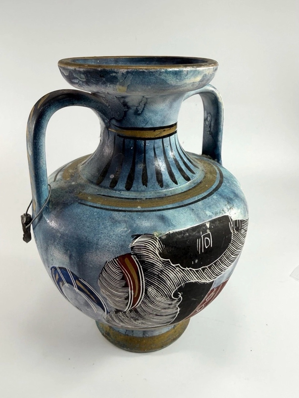 Vintage Table Bud Vase Hand Painted Blue Turquoise Rhodes Greece Greek Pottery